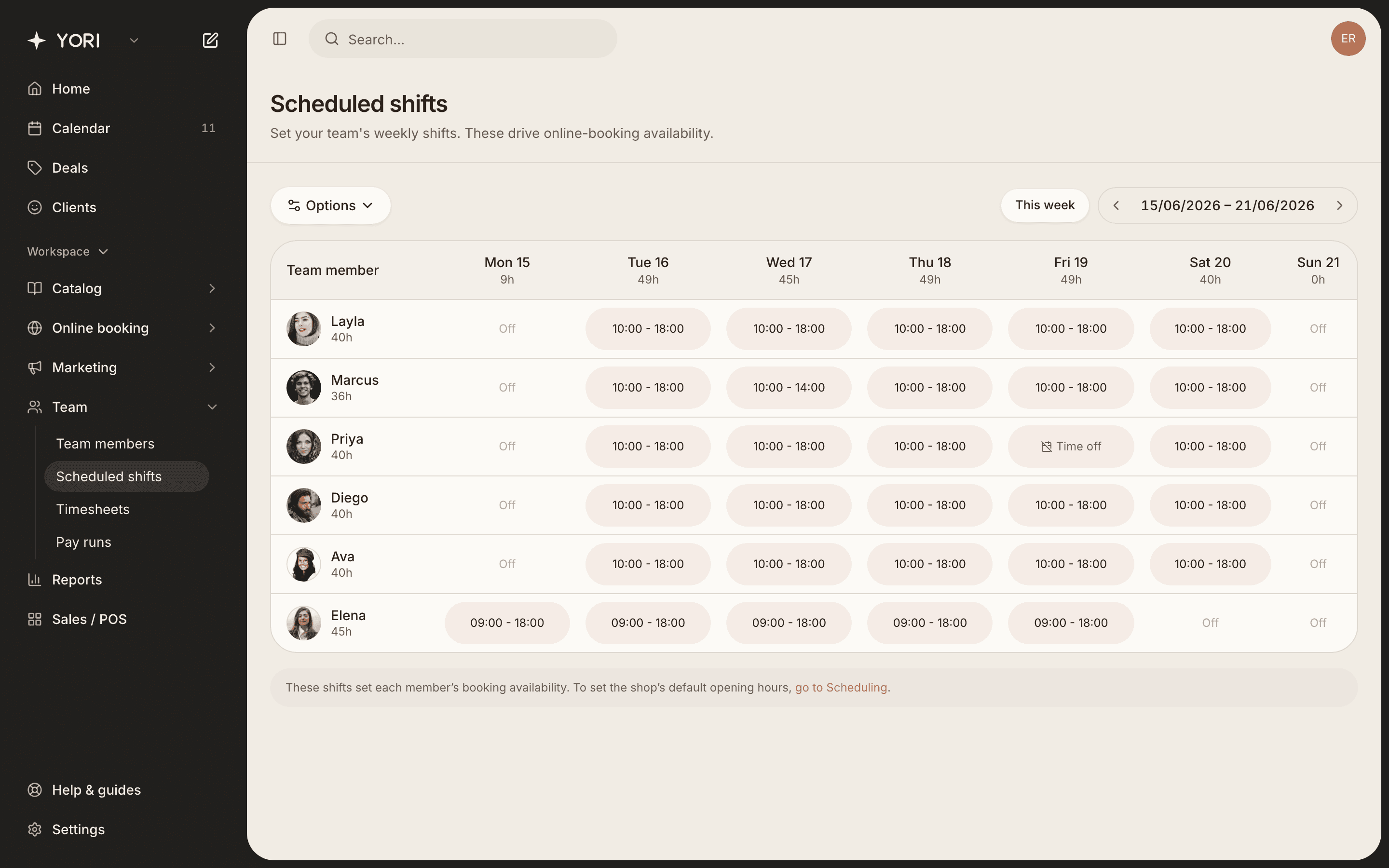 The week view shows everyone's shifts and weekly hours.