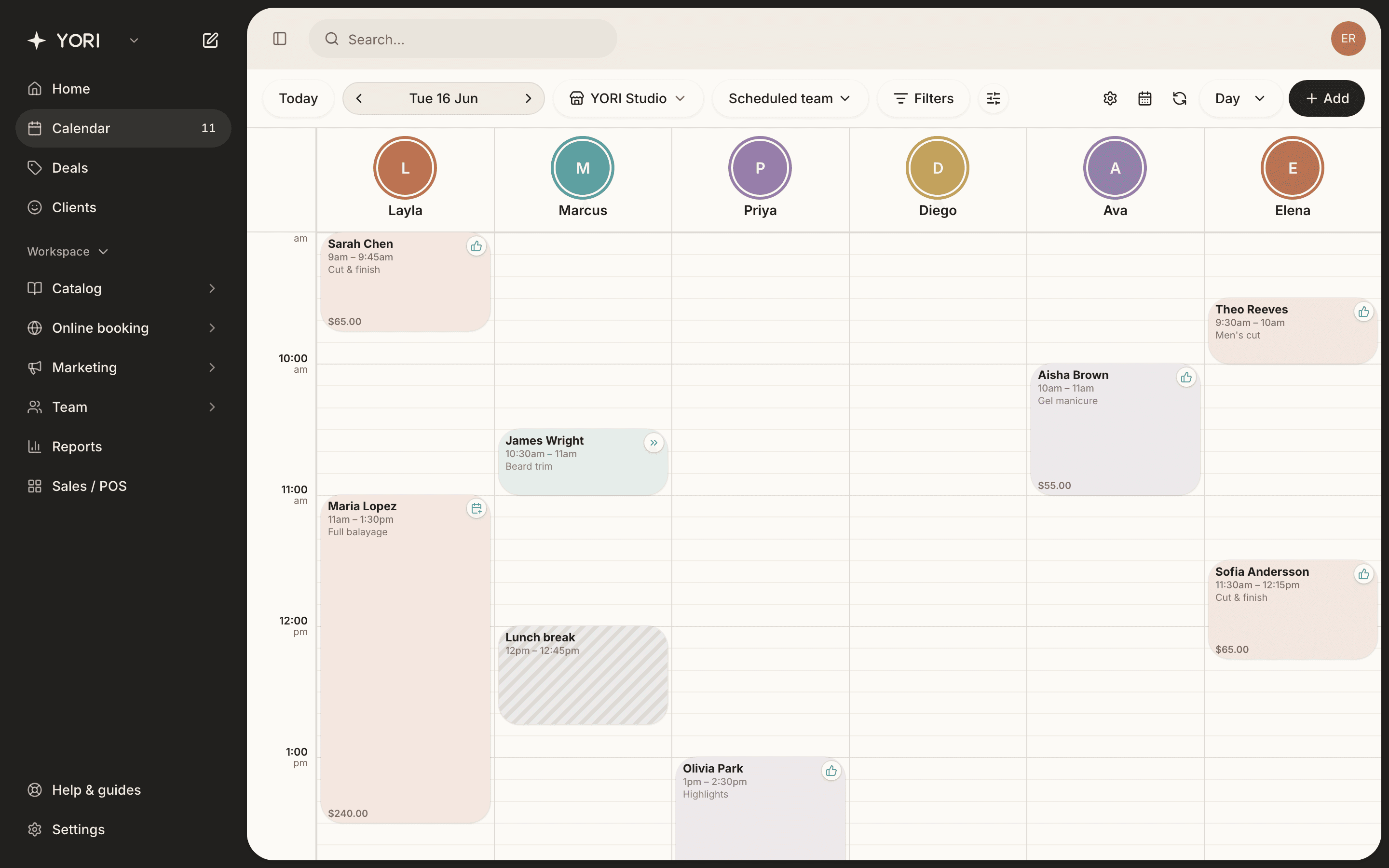Each column is a team member; click a slot to start a booking.