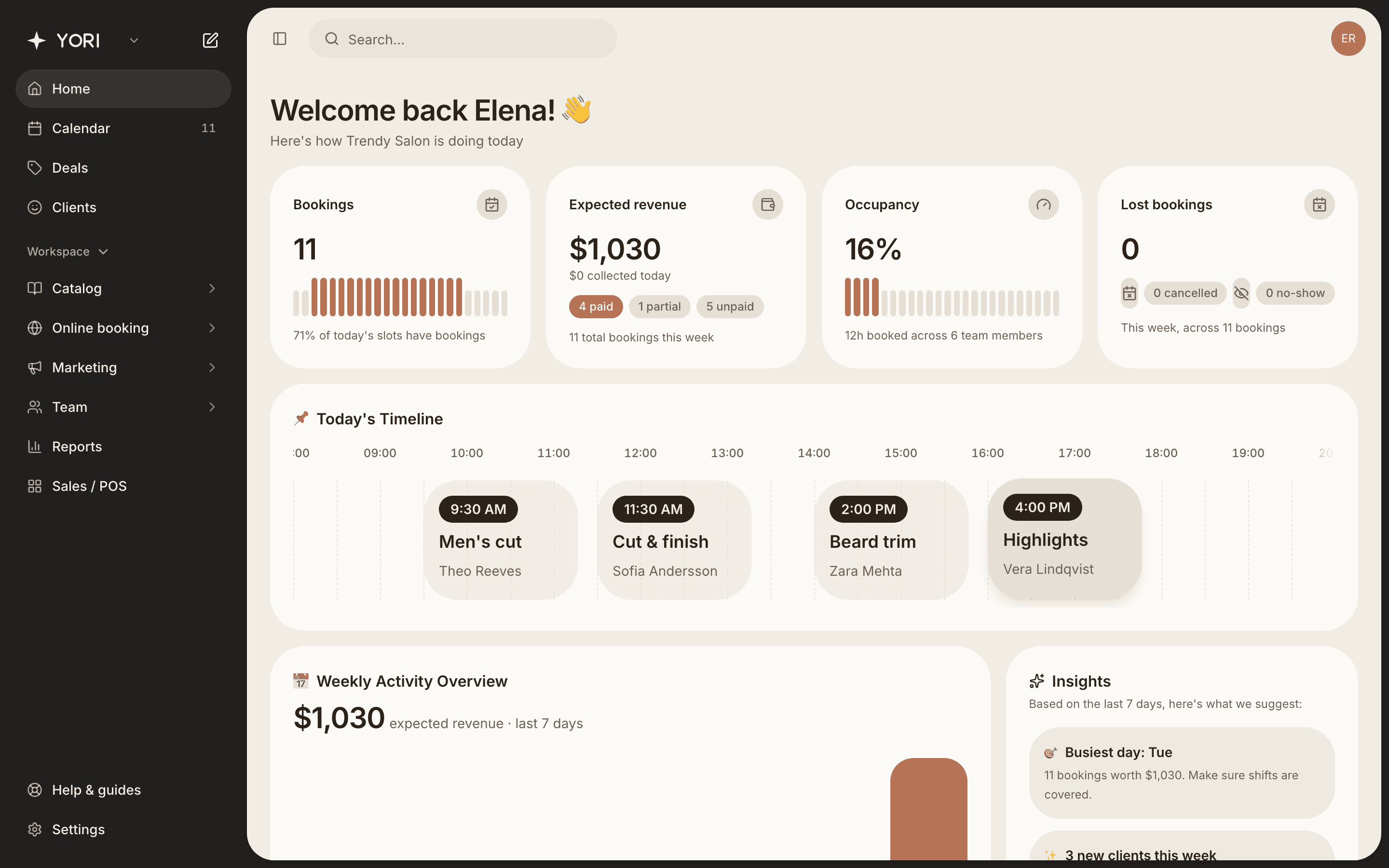 The home dashboard summarises today at a glance.
