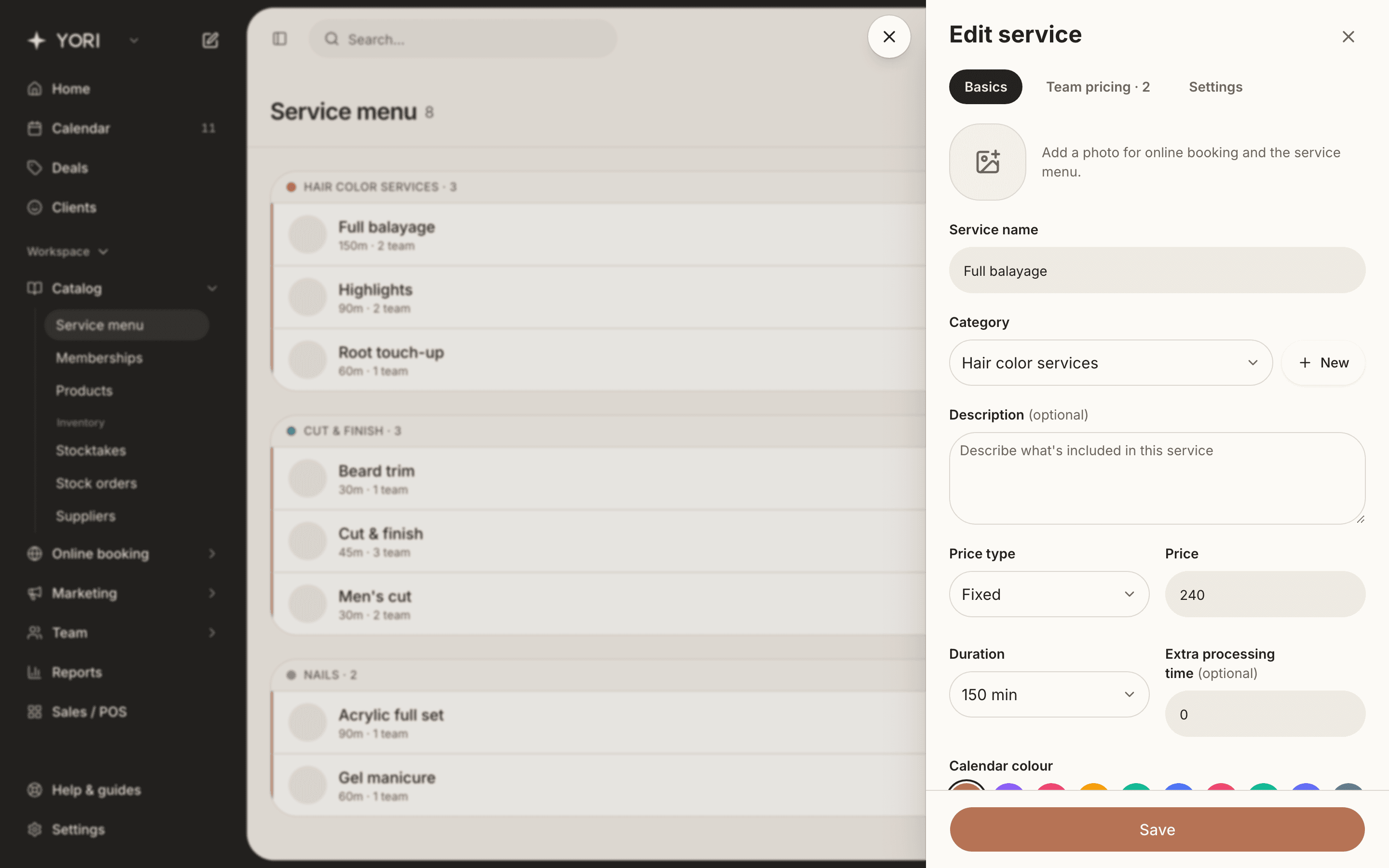 The service editor: details, team pricing and settings.
