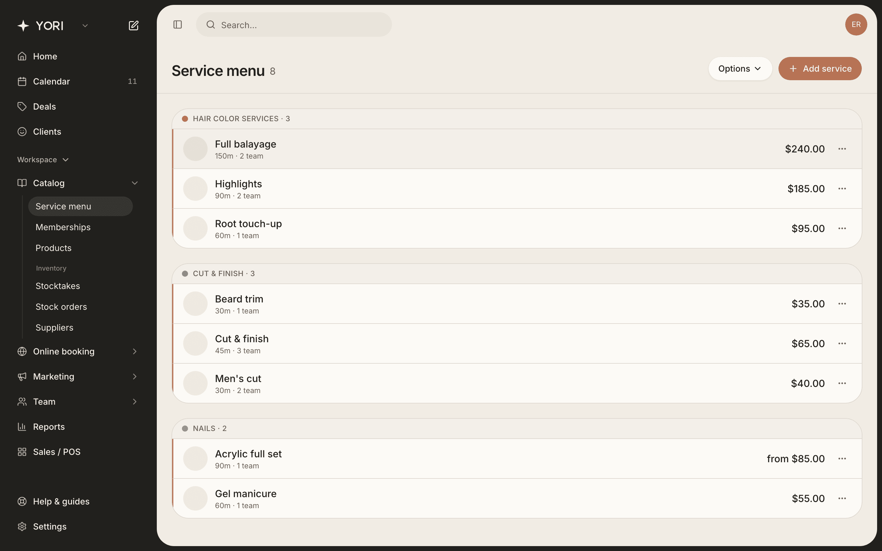 Your service menu, grouped by category.